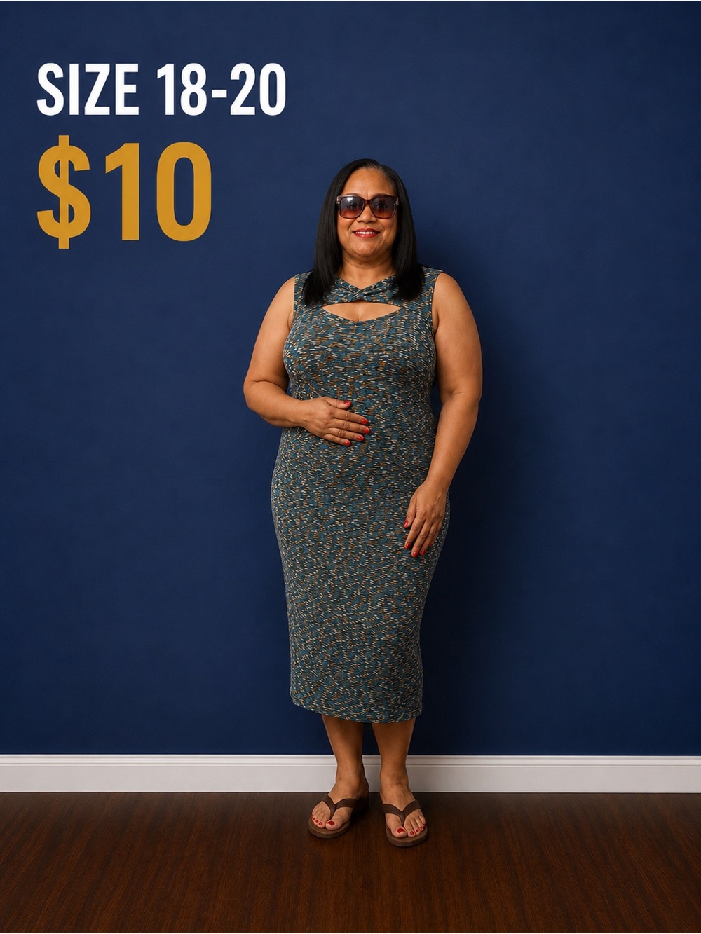 Sleeveless Teal Multi-Print Midi Dress with Front Keyhole
